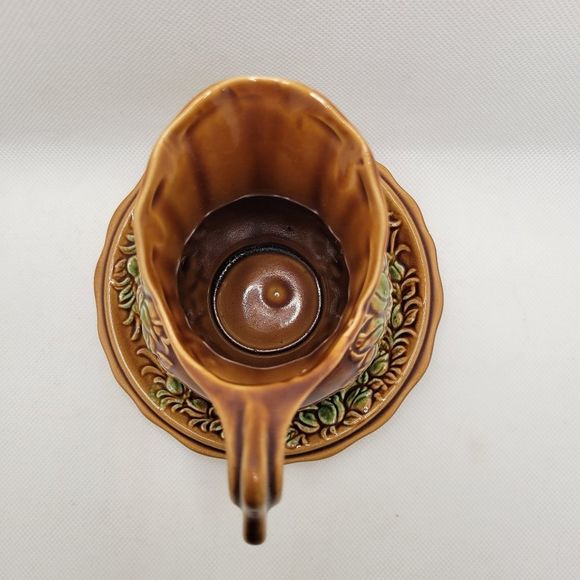 Vintage Japan Pottery Small Water Pitcher and Basin in Brown with Raised Florals - Picture 7 of 12